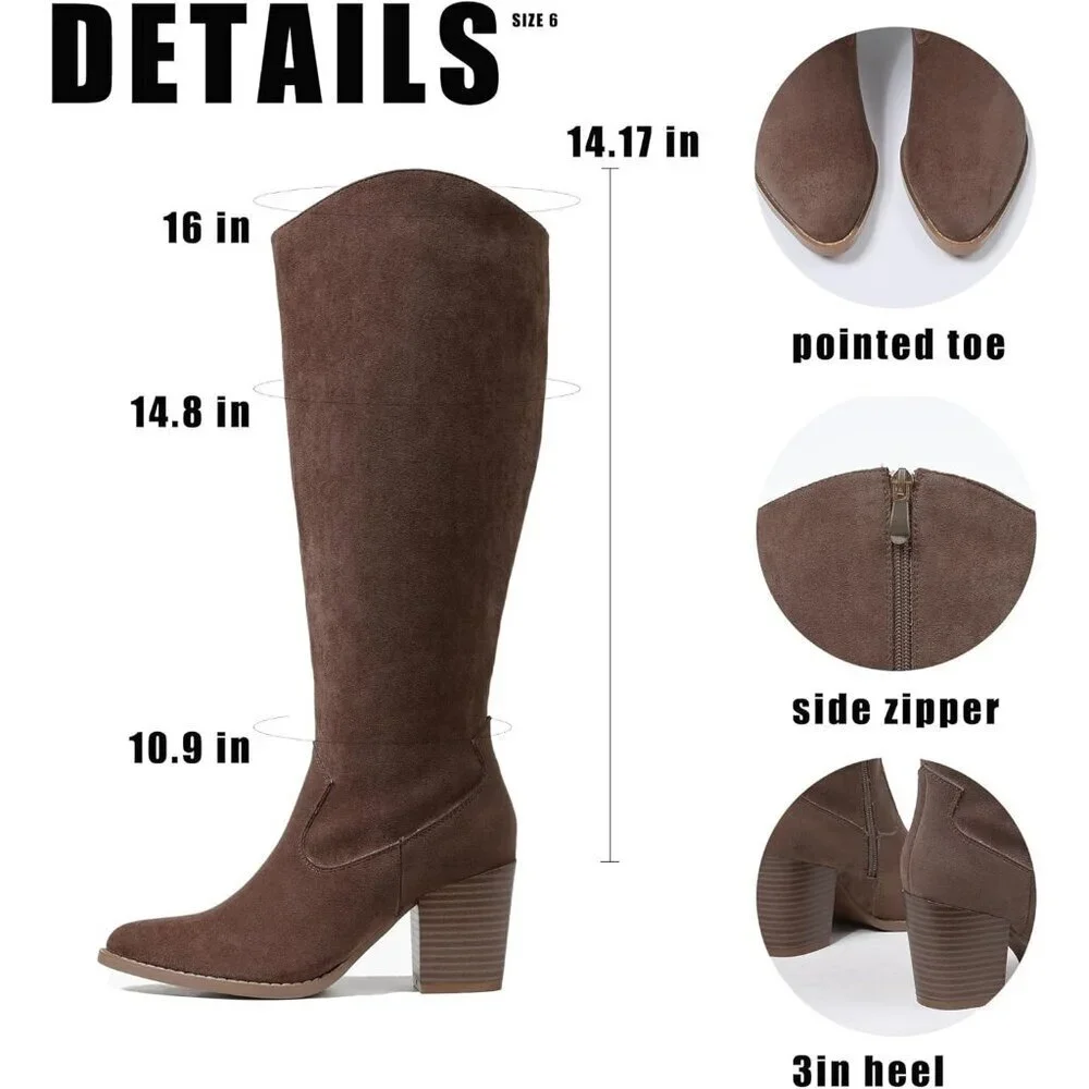 Womens Suede Khaki Side Zipper Knee High Pointed Toe Chunky Heel Tall Boots